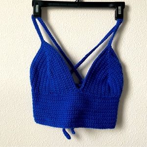 Royal Blue Hand Knitted XS-S Cropped Top, cross Back Adjustable